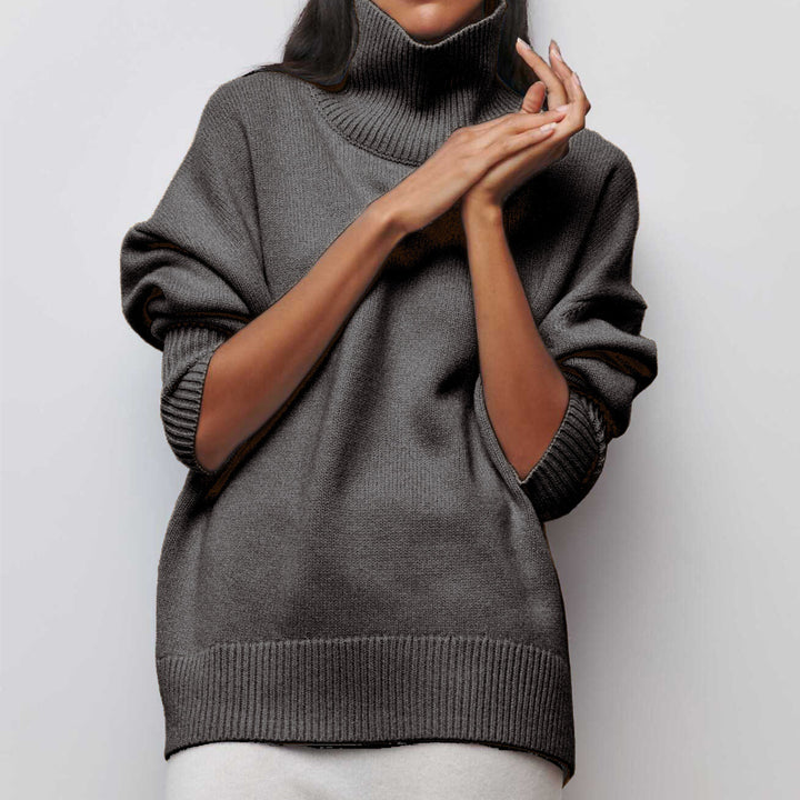 Women Cozy Oversized Turtleneck Sweater with Concealed Side Slits and Extra Long Ribbed Hem Mune Fashion