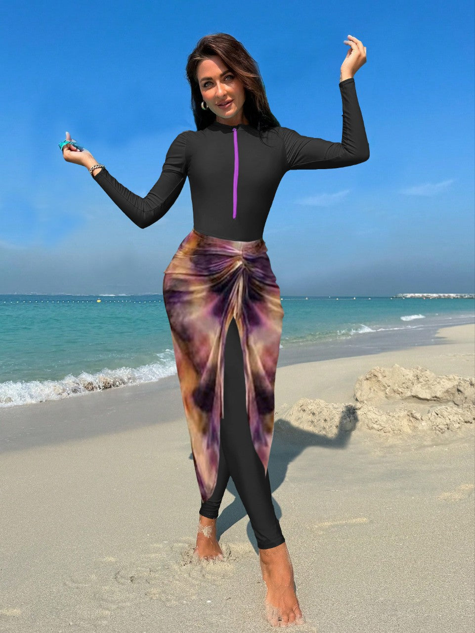 Women's Fashionable UV Protection Swimsuit with Long Sleeve and Asymmetrical Skirt Mune Fashion
