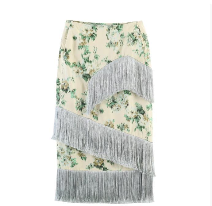 Ladies Floral Printed Midi Skirt with Diagonal Fringe Trim and Slim Silhouette Mune Fashion