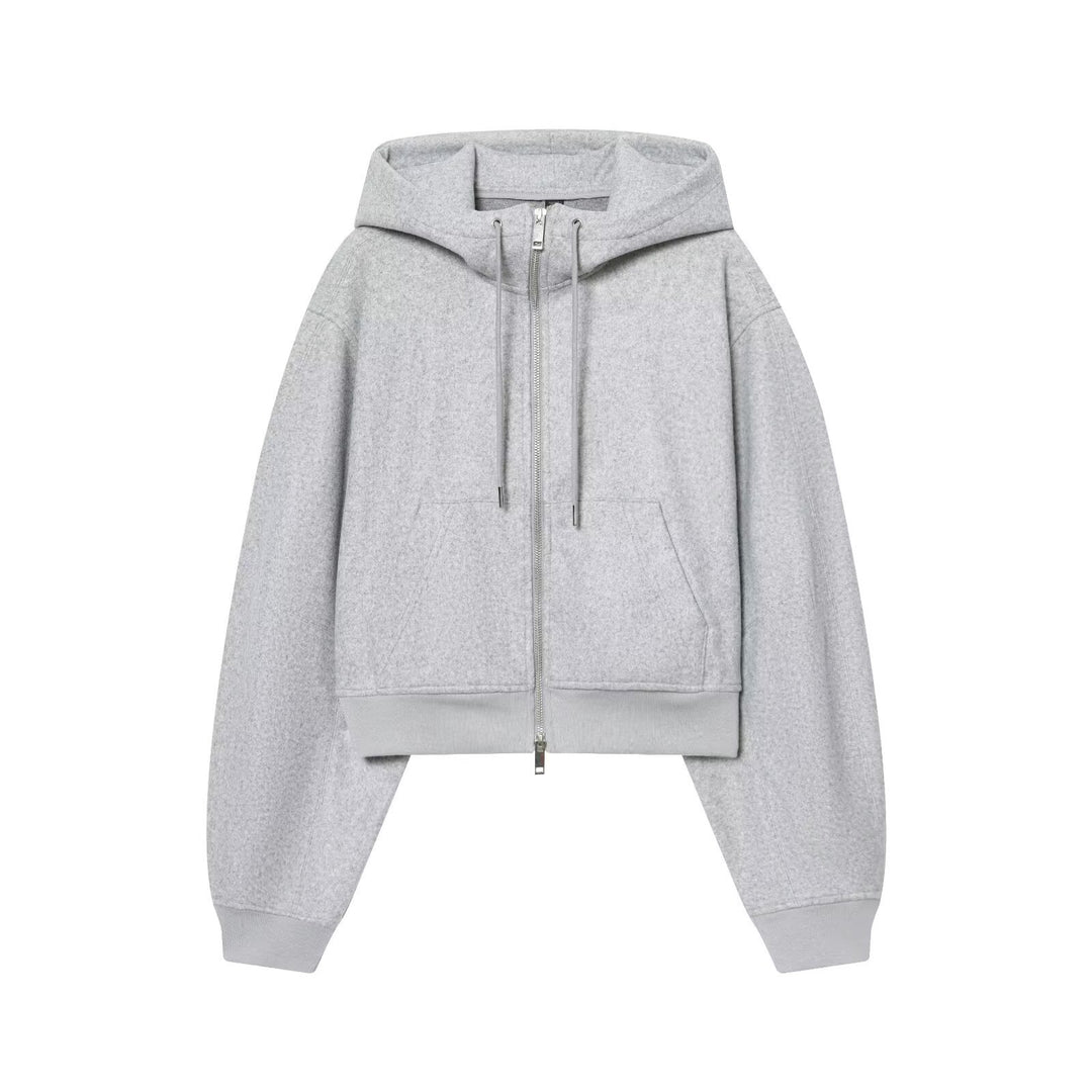 Women's Short Boxy Hooded Jacket made of Wool Fleece with Zip Mune Fashion