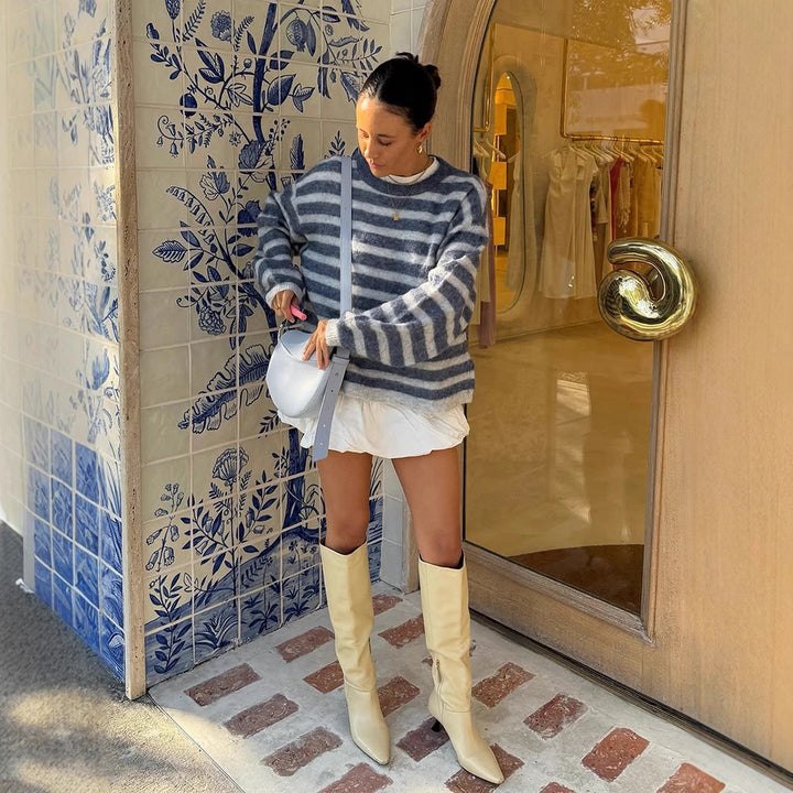 Women Striped Mohair-Mix Oversized Sweater with Balloon Sleeves Mune Fashion