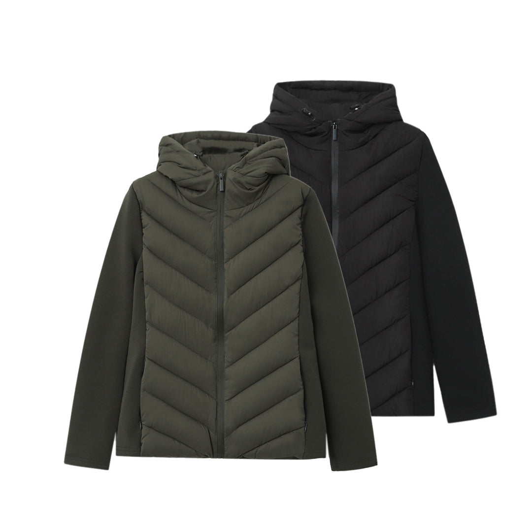 Women's quilted hybrid jacket with hood, chevron quilting and elastic softshell sleeves Mune Fashion