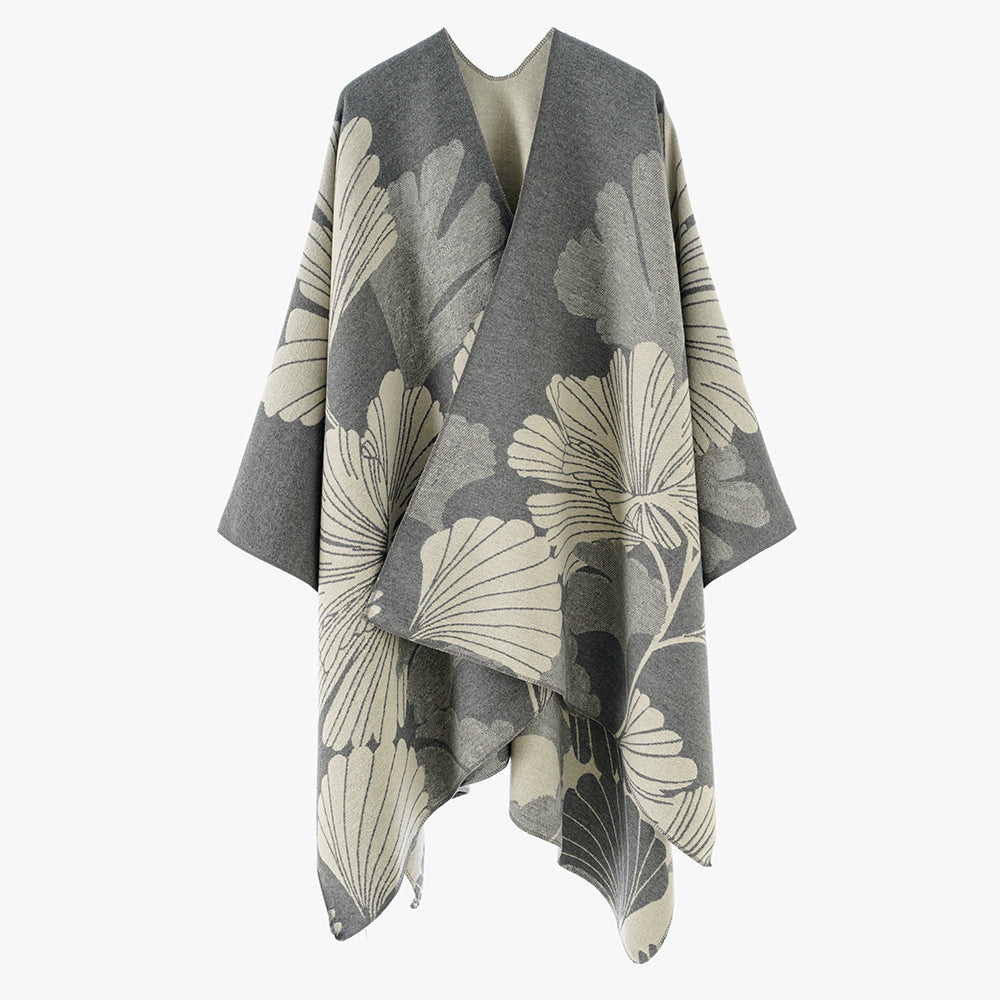 Women’s Jacquard Cape Poncho with large leaf Jacquard and open wrap cut Mune Fashion
