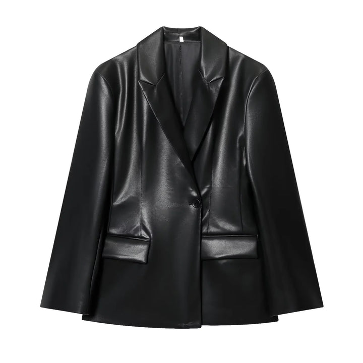 Women’s luxurious vegan blazer in leather look with slim silhouette, shawl collar and patch pockets Mune Fashion