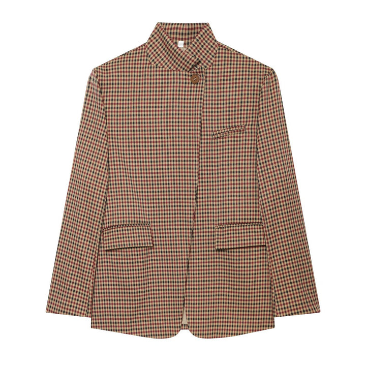 Women Checked Long Blazer with Stand Collar, Concealed Button Placket and Flap Pockets Mune Fashion