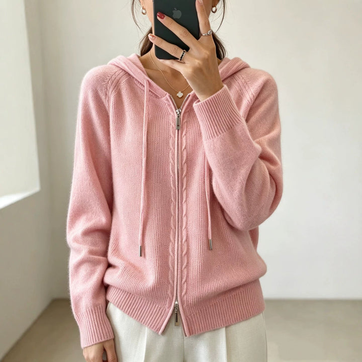 Women's hooded cardigan with zipper, fine knit and ribbed cuffs Mune Fashion