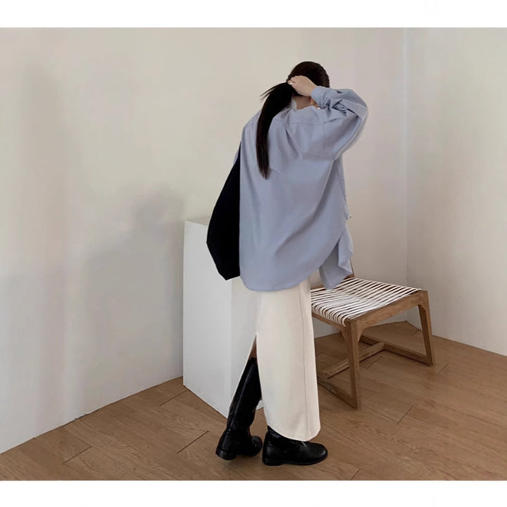 Women's Loose Oversize Shirt with Stand Collar, Extended Back and Drop Shoulders Mune Fashion