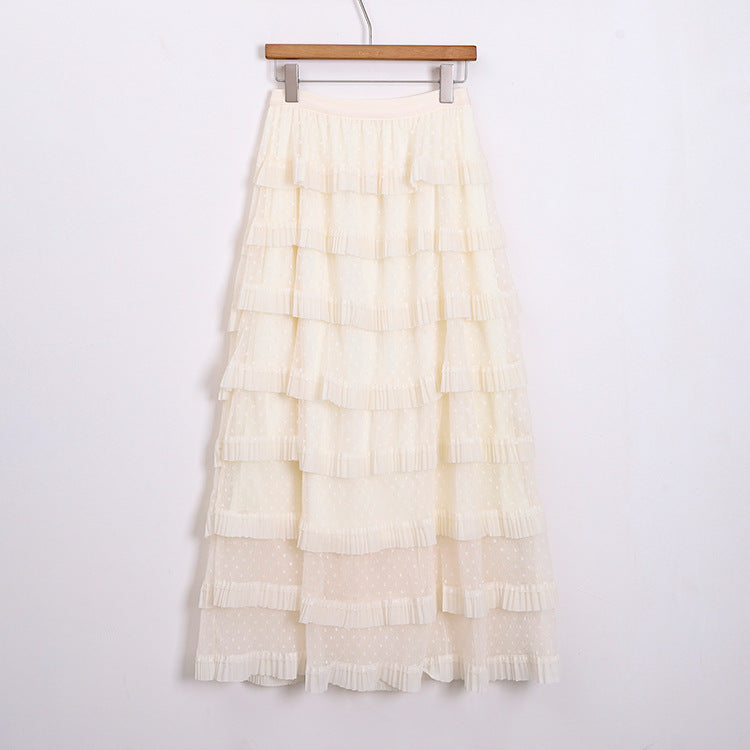 Women's multi-layered midi skirt with polka dot chiffon ruffles and elastic comfort waistband Mune Fashion