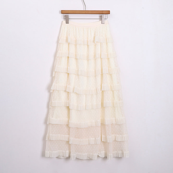 Women's multi-layered midi skirt with polka dot chiffon ruffles and elastic comfort waistband Mune Fashion