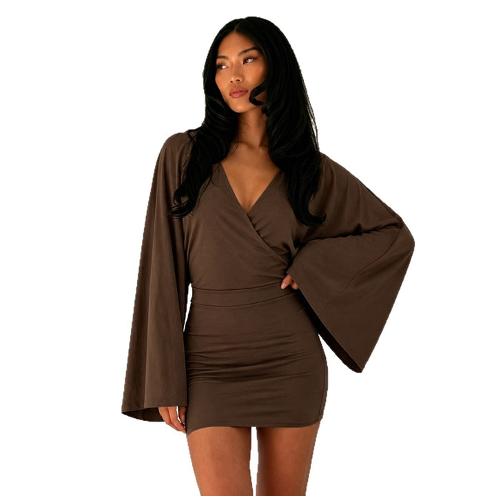 Women's wrap mini dress with kimono sleeves, tailored bodice seam, and stretchy jersey Mune Fashion