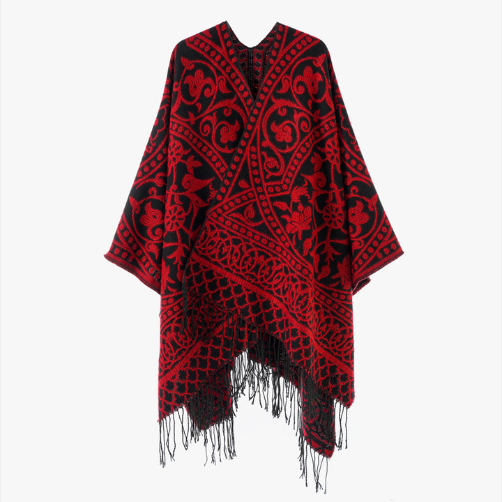 Women’s jacquard poncho with oriental ornament pattern and fringe hem Mune Fashion