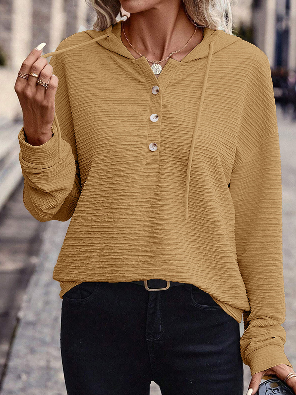 Women's Textured Hoodie with Button Placket and Oversized Cut Mune Fashion