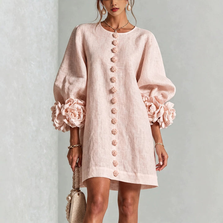 Ladies linen dress in A-line cut with balloon sleeves and 3D flower decoration Mune Fashion