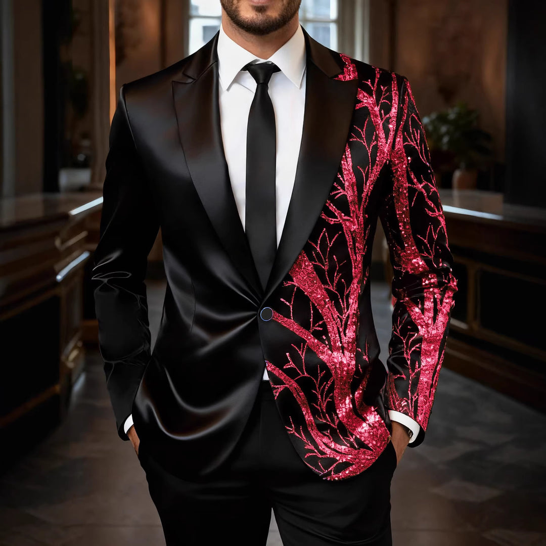 Men's tuxedo blazer with gold sequin trim and tailored satin look Mune Fashion