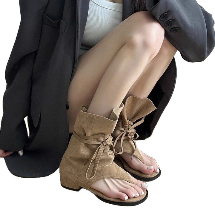 Women's Mid-Height Sandals-Booties with Wrap-Lacing Mune Fashion