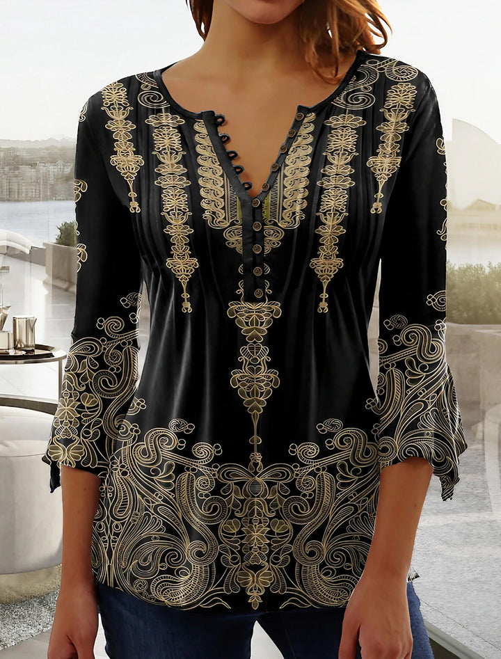 Women's Lightweight Viscose Tunic with V-Neck, Pleating and Floral Border Print Mune Fashion