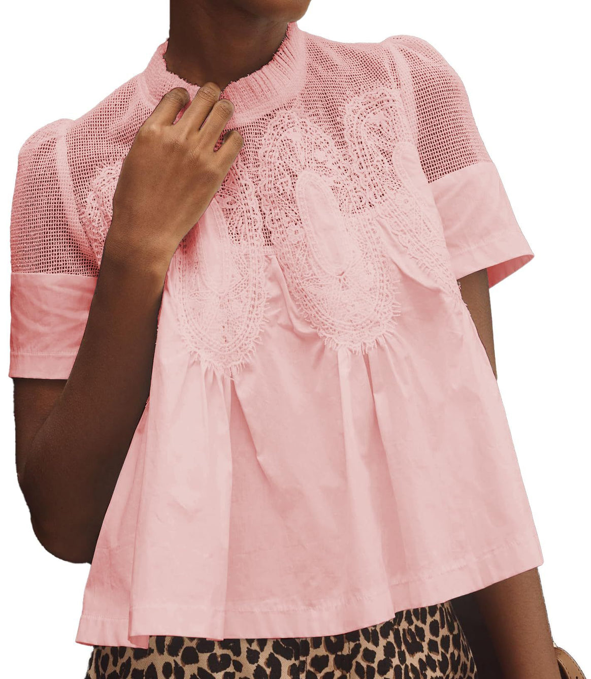 Ladies lace blouse top with stand-up collar, mesh insert and gathered A-line silhouette Mune Fashion