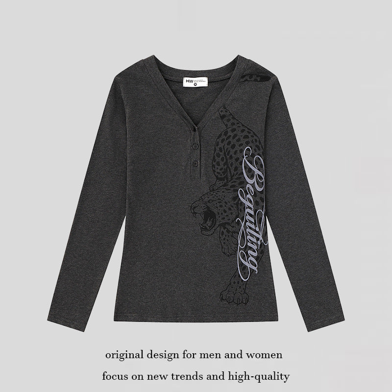 Women's Long Sleeve Henley Shirt with V-Neck and Large Panther Print Mune Fashion