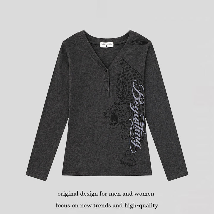 Women's Long Sleeve Henley Shirt with V-Neck and Large Panther Print Mune Fashion