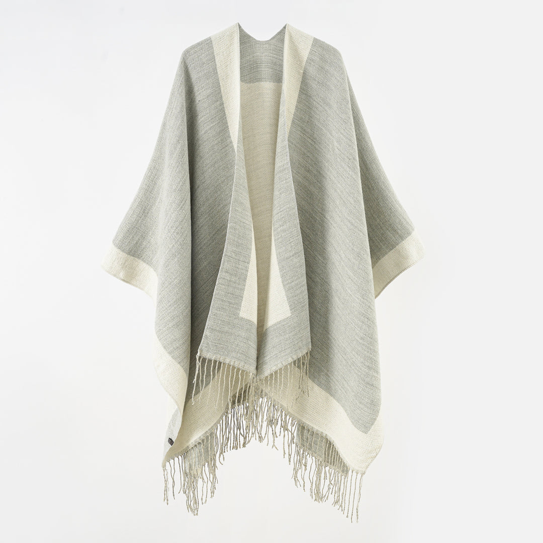 Women Ruana Poncho with Fringe Hem and Herringbone Weave Structure Mune Fashion