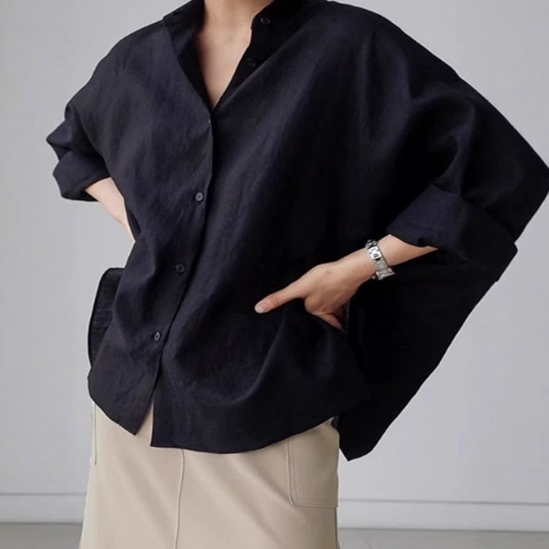 Women's Oversized Linen Blouse with Gathered Back Yoke and Roll-Up Sleeves Mune Fashion