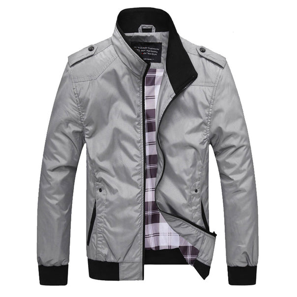 Men's Lightweight Bomber Jacket made of Cotton Blend with Stand Collar, Shoulder Epaulets, and Checked Lining Mune Fashion