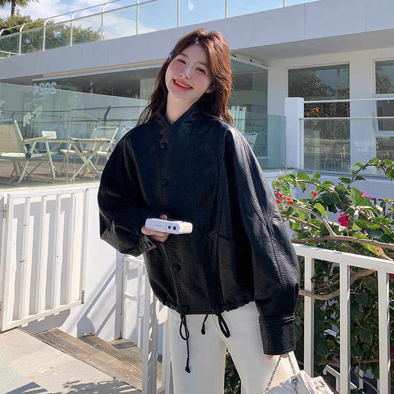Women's Loose-Fit Leather-Look Shirt Jacket with Press Stud Placket and Drawstring Hem Mune Fashion