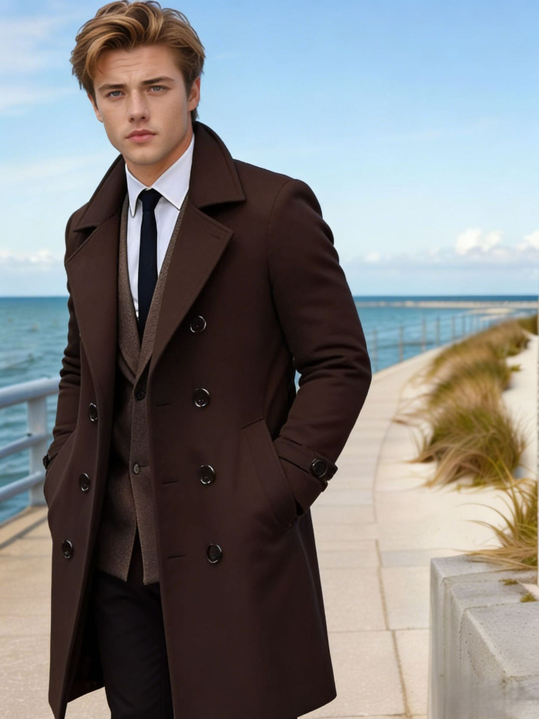 Men's Elegant Single-Breasted Long Coat Made of Wool Blend with Slim Silhouette and Lapel Collar Mune Fashion