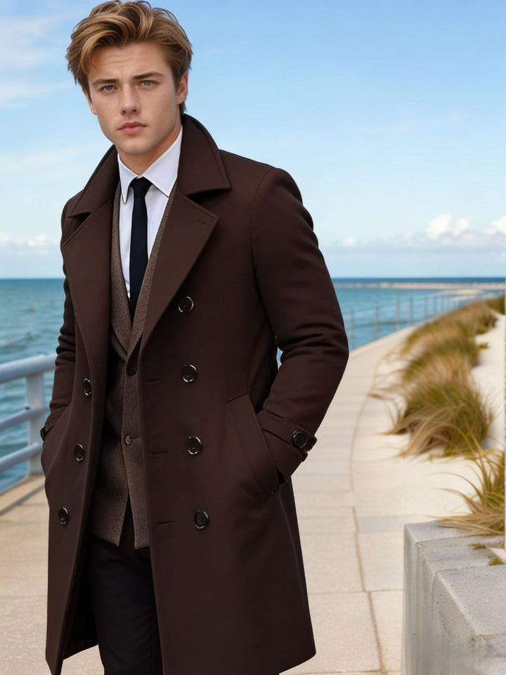 Men's Elegant Single-Breasted Long Coat Made of Wool Blend with Slim Silhouette and Lapel Collar Mune Fashion
