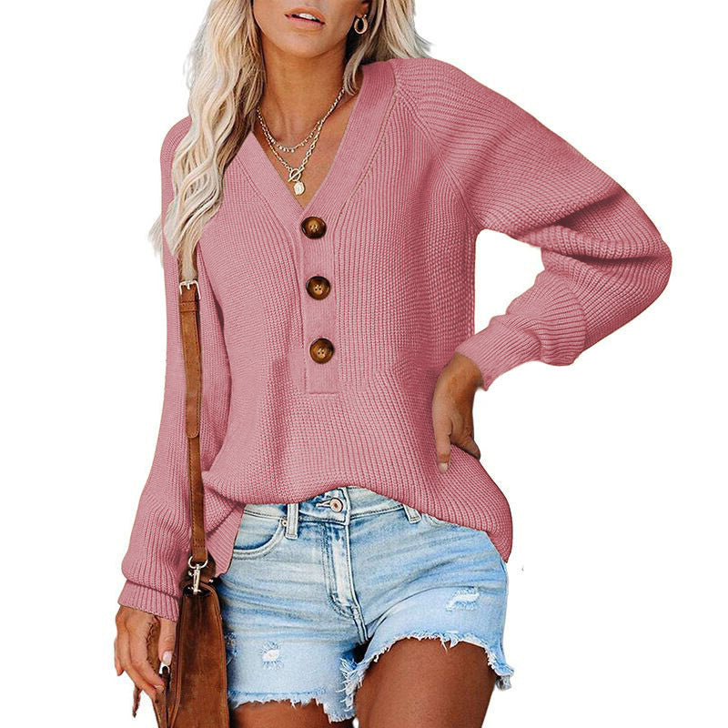 Women's Ribbed Knit Sweater with V-Neck, Decorative Button Placket and Balloon Sleeves Mune Fashion