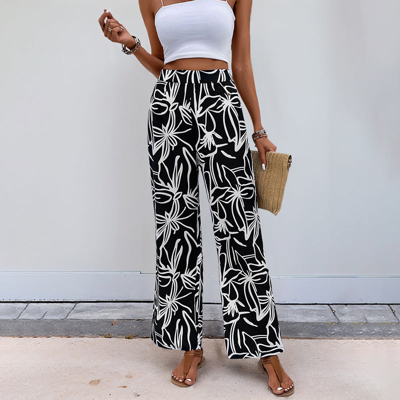 Women's High-Waisted Wide Pants with Floral Pattern Mune Fashion