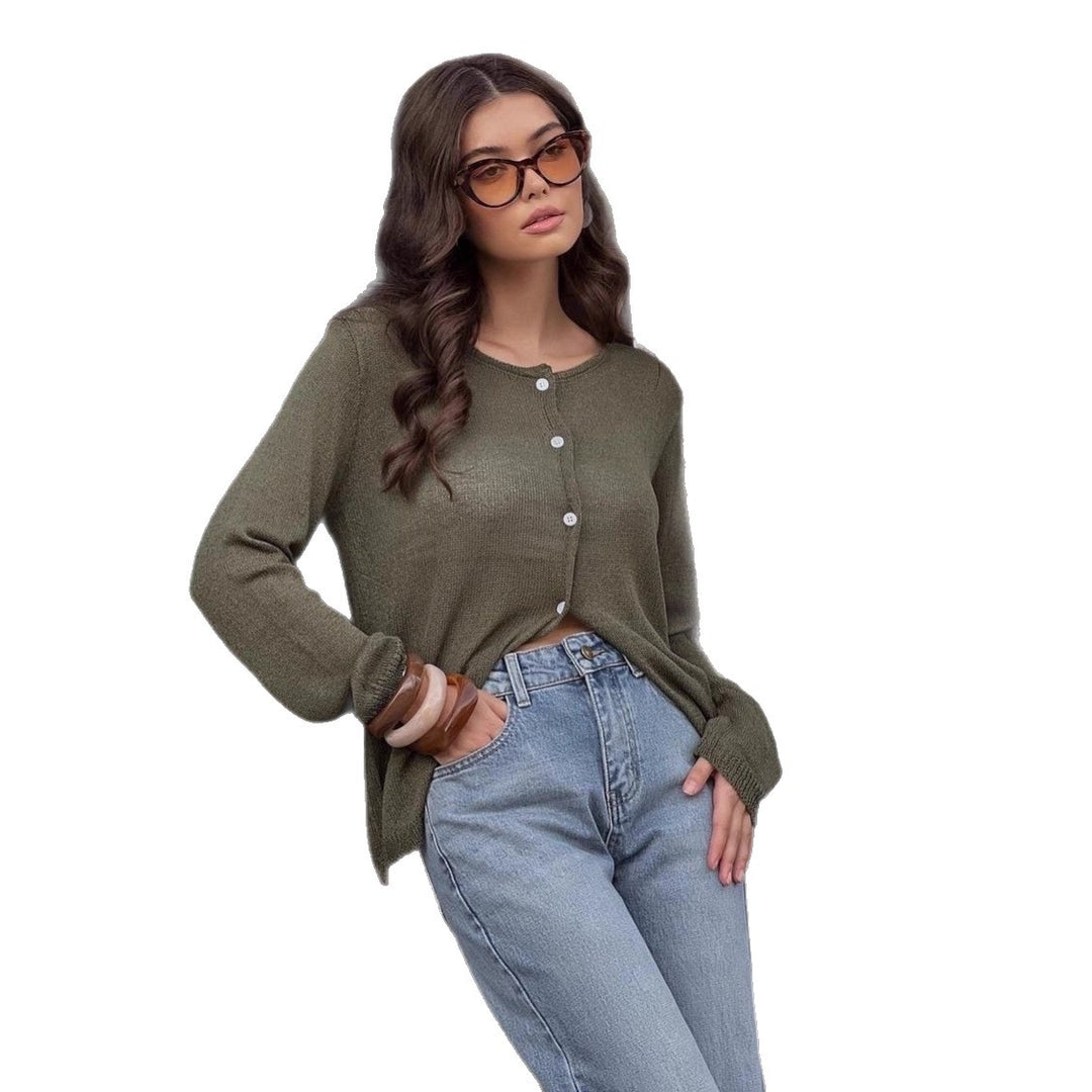 Women's lightweight semi-transparent fine knit cardigan with round neck and button placket Mune Fashion