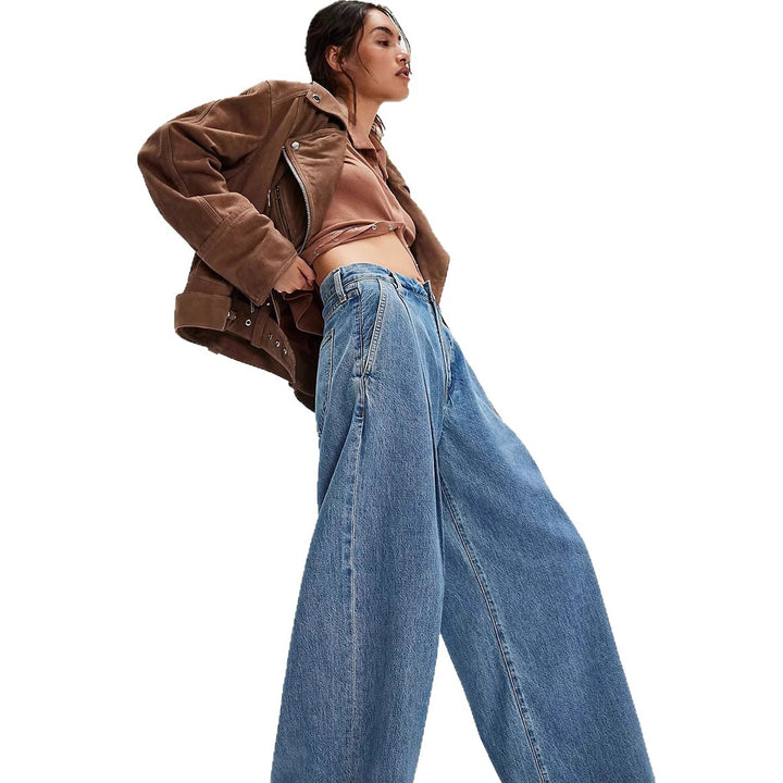 Women's high-waisted denim palazzo pants with prominent pleats and extra wide leg Mune Fashion