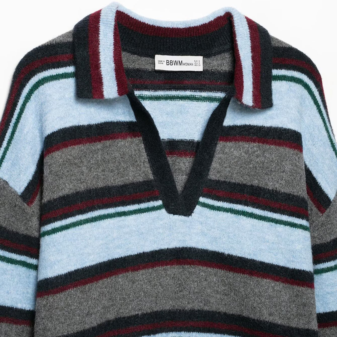Women's Oversize Striped Sweater with Polo Collar and Deep V-Neck Mune Fashion