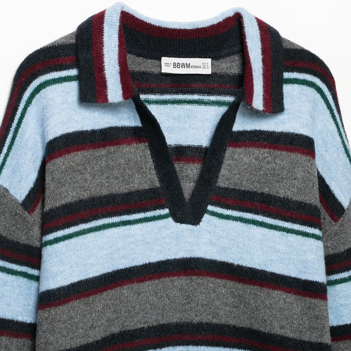 Women's Oversize Striped Sweater with Polo Collar and Deep V-Neck Mune Fashion