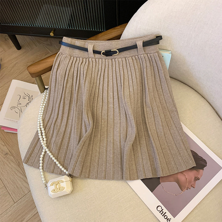 Ladies Pleated Skirt with Elastic Waistband and Belt Detail Mune Fashion