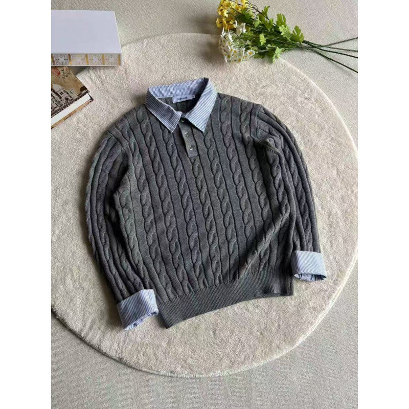Women's knitted polo sweater with cable pattern and inserted shirt collar Mune Fashion