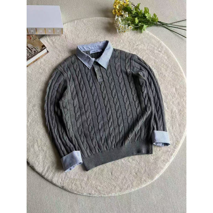 Women's knitted polo sweater with cable pattern and inserted shirt collar Mune Fashion