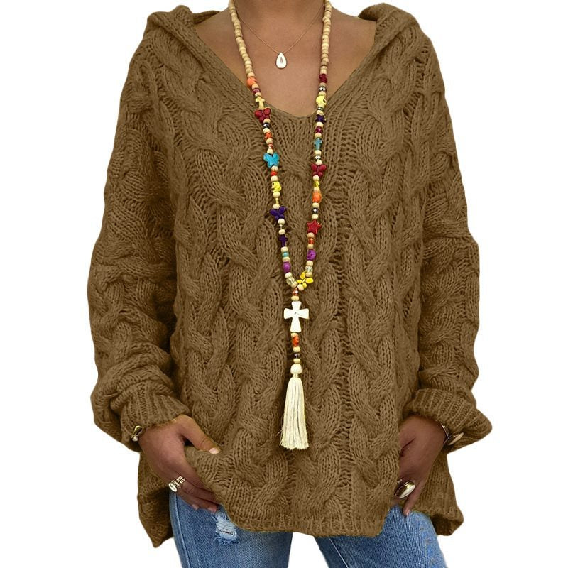 Women Oversized Cable Knit Sweater with Hood and Casual V-Neck Mune Fashion