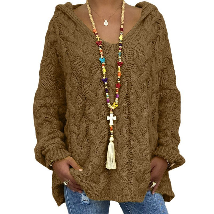 Women Oversized Cable Knit Sweater with Hood and Casual V-Neck Mune Fashion