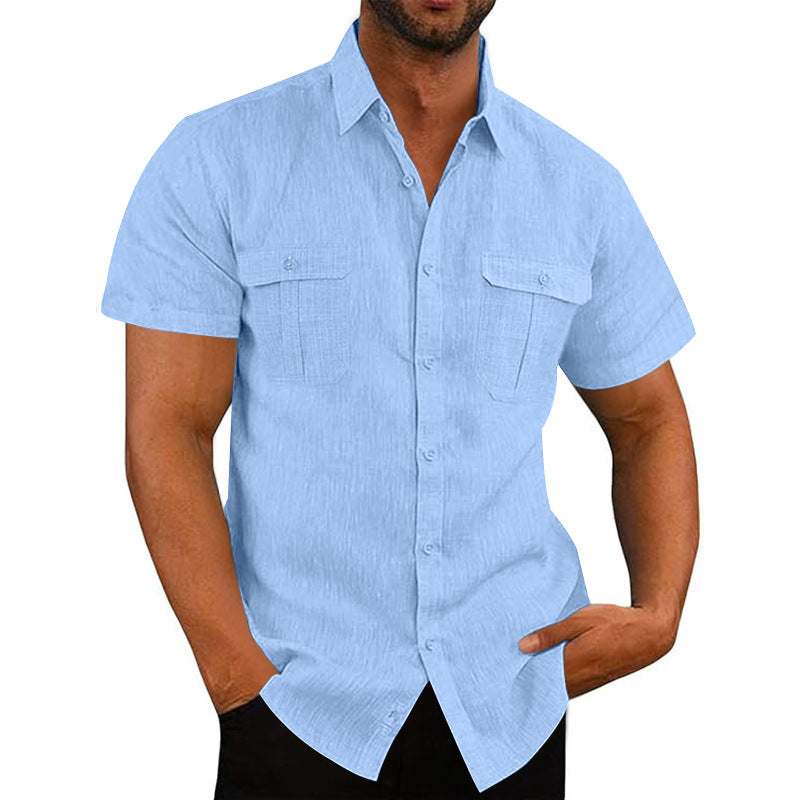 Men's structured short sleeve shirt in linen gauze look with flap pockets and rounded hem Mune Fashion