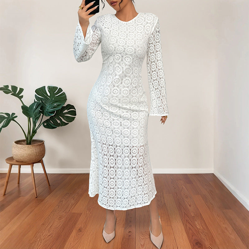 Ladies' midi dress made of crochet lace with a fitted silhouette, trumpet sleeves, and flared hem Mune Fashion