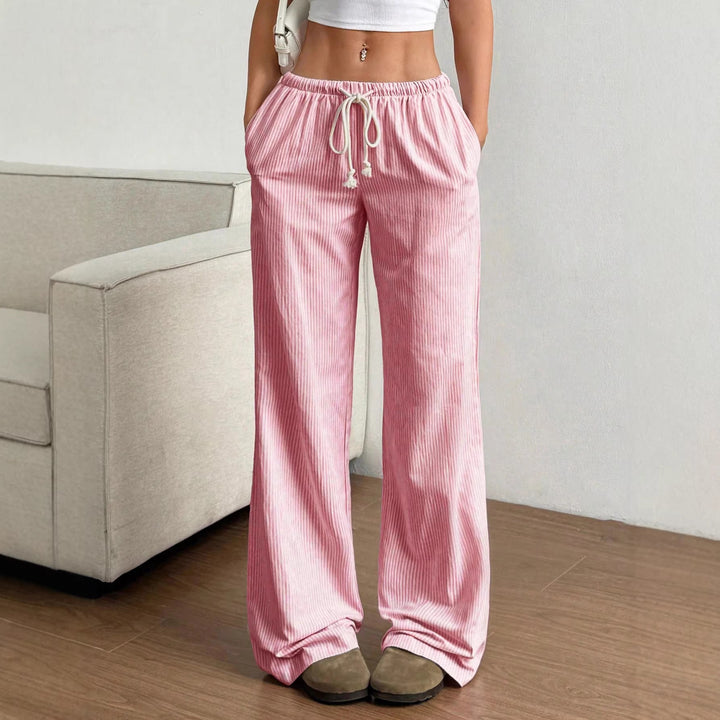 Ladies Wide Linen Look Pants with Elastic Waistband, Drawstring and Side Pockets Mune Fashion