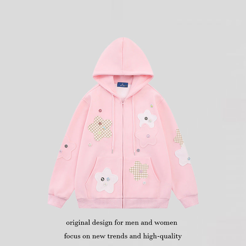 Women Oversize Zip Hoodie with Floral Star Appliqués and Button Details Mune Fashion