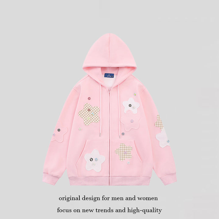 Women Oversize Zip Hoodie with Floral Star Appliqués and Button Details Mune Fashion