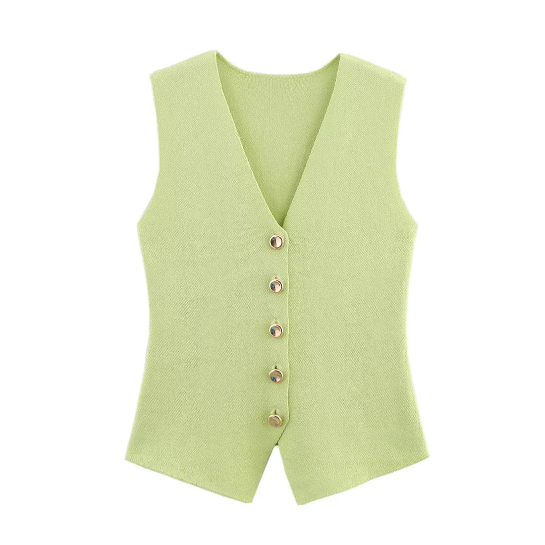 Women's fitted knitted vest with deep V-neck and decorative button placket Mune Fashion