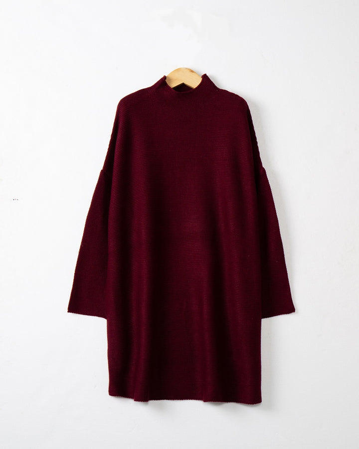 Women Oversize Knit Tunic with Short Stand-up Collar and Dropped Shoulder Mune Fashion