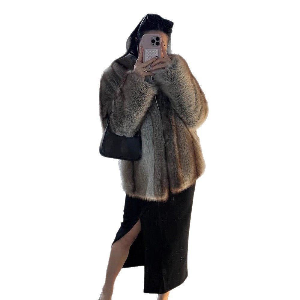 Women Short Fur Coat in Boxy Cut with Striped Faux Fur Look Mune Fashion