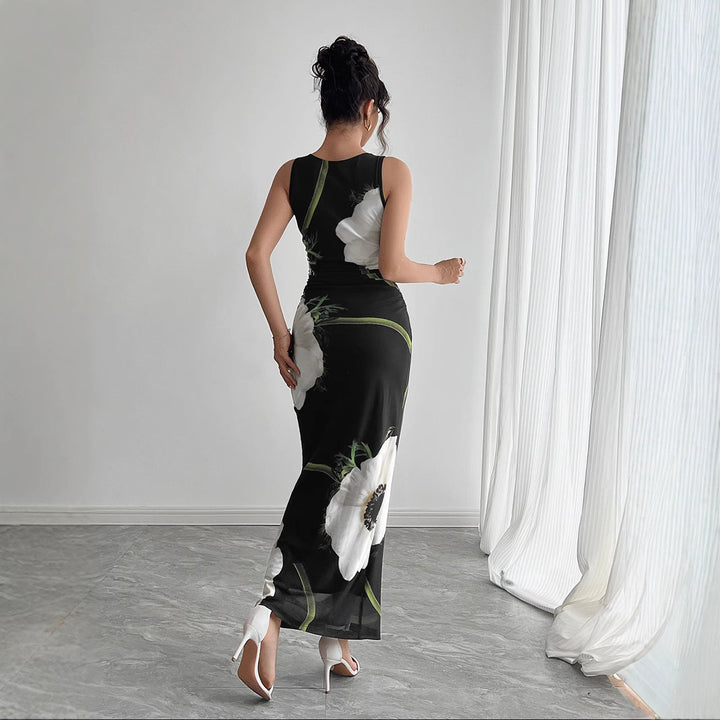 Women's form-fitting sleeveless maxi dress with photorealistic floral print and tailored silhouette Mune Fashion