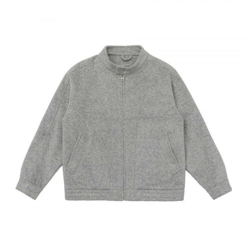 [Unisex] Boxy Wool Blend Zip Jacket in Overshirt Style with Short Stand-Up Collar Mune Fashion